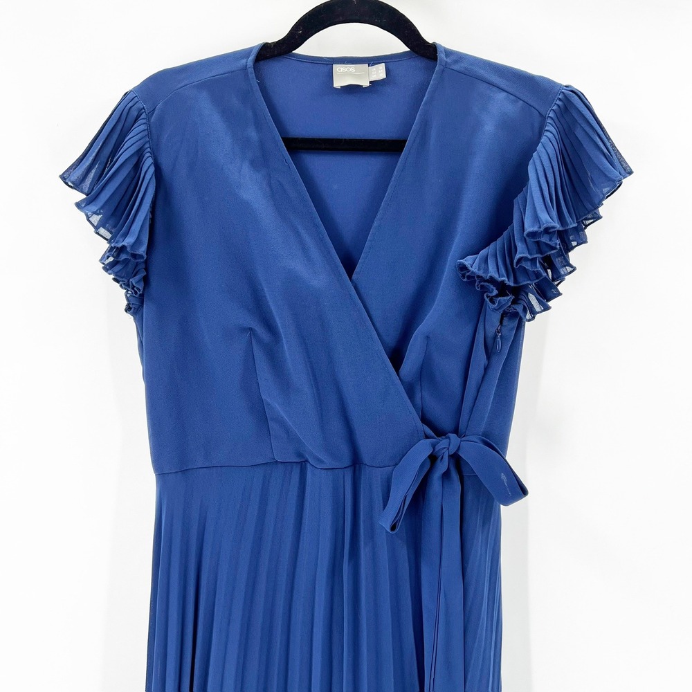 ASOS Maxi Dress Womens 12 Blue Excellent Pleated Flutter Sleeve Wrap V-Neck - Picture 2 of 5